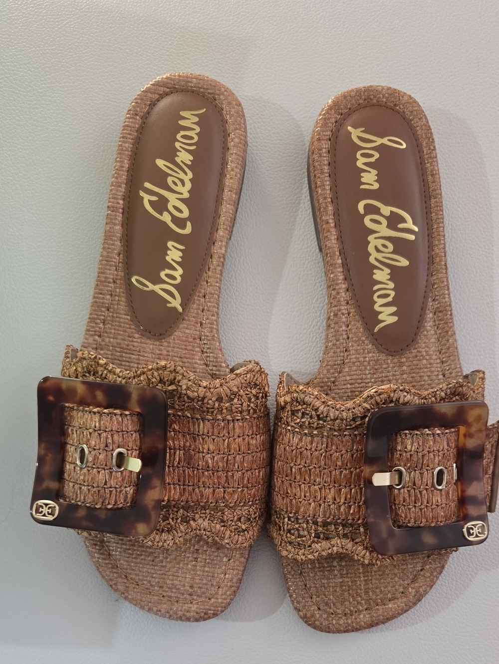 NEW With Box Sam Edelman Brown Woven Raffia Slide Mules, Tortoiseshell Buckle - Picture 2 of 2
